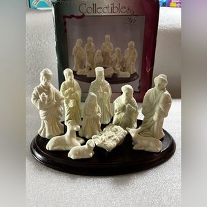 Vintage Porcelain 11 Piece Nativity Set Including Wood Base  World Bazaars h1